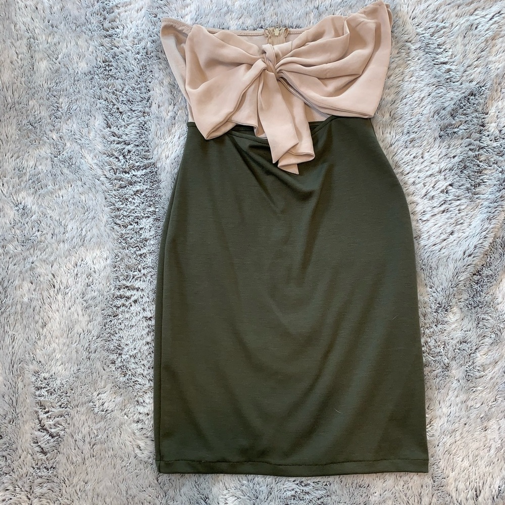 Tan and green mini dress with a bow on top